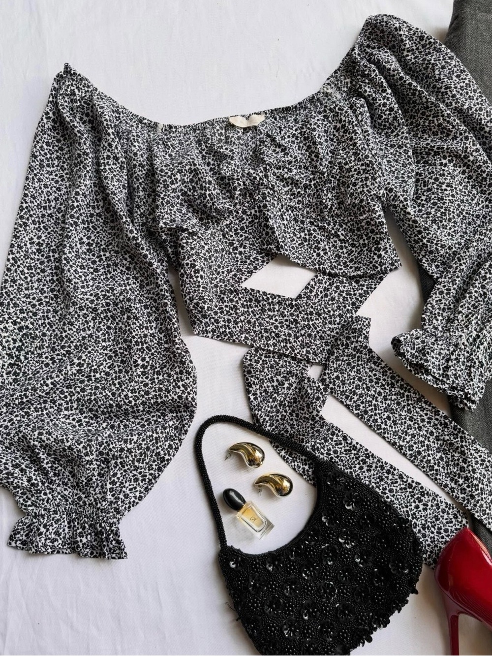 Altard State Floral Crop Peasant Blouse with Bow Romantic Bohemian Whimsical S